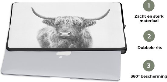 Housse pour ordinateur portable 17 pouces - Highlander écossais - Animaux - Cornes - Zwart et blanc - Housse pour ordinateur portable - Dimensions intérieures 42,5x30 cm