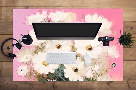 Muismat XXL 120x80 cm - Bureau onderlegger - Bureau mat Bloemen - Vaas - Planten - Wit - Bureaumat - Gaming mousepad xl - Bureaulegger groot - Computer deskmat