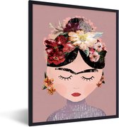 Fotolijst incl. Poster - Pastel - Vrouw - Bloemen - Kunst - Frida Kahlo - 60x80 cm - Posterlijst