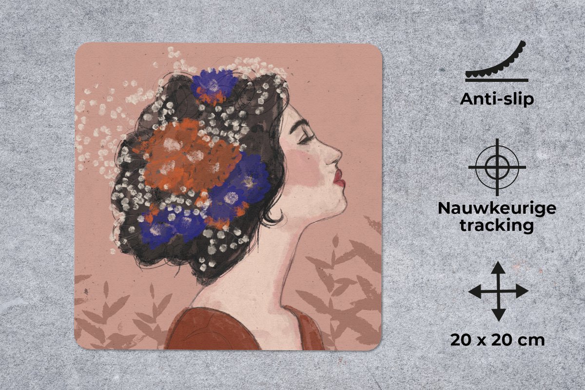 Muismat 20x20 cm - Mousepad Portret - Bloemen - Vrouw - Bruin - Pastel - Muismatten