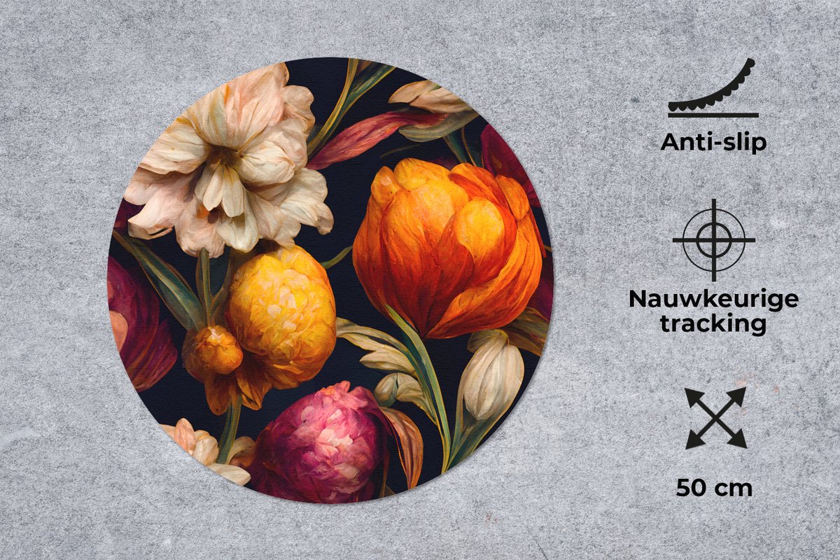 Muismat rond 50x50 cm - Mousepad Bloemen - Planten - Kleuren - Wit - Ronde muismatten