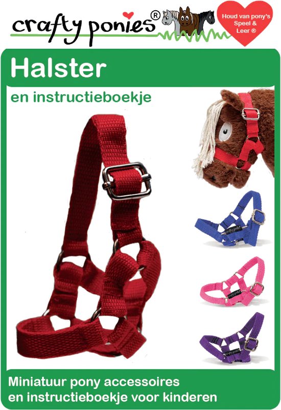 Verpakking met rood halster, instructieboekje en miniatuur pony accessoires in blauw, roze en paars.
