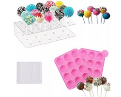 foto van Siliconen Cakepop Bakvorm Set inclusief 100 Stokjes en Houder - Cakepop maker - Cakepop set - Cakepop Houder - Cakepop stokjes
