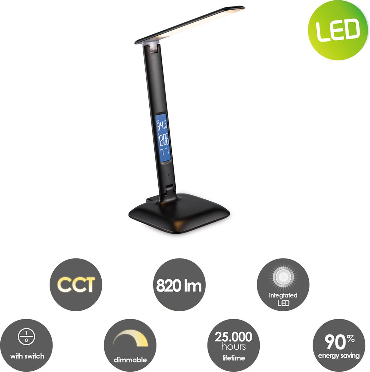 Home Sweet Home - Moderne Led Bureaulamp Clock - verstelbare LED Leeslamp met schakelaar - Zwart - 26/15/33.5cm - 6W CCT 820lm dimbaar - geschikt thumbnail 3