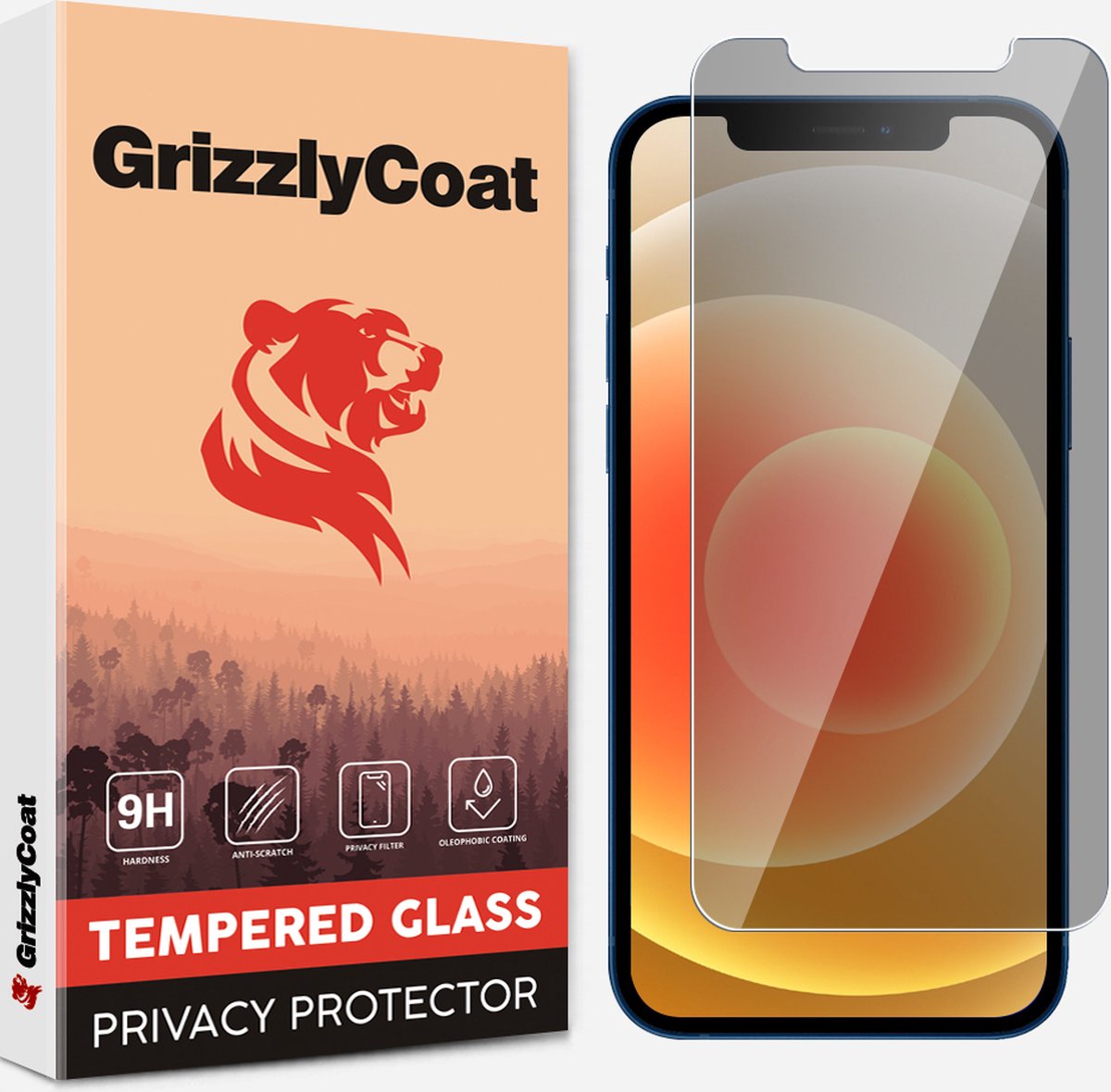 GrizzlyCoat Screenprotector geschikt voor Apple iPhone 12 Glazen | GrizzlyCoat Easy Fit AntiSpy Screenprotector Privacy - Case Friendly + Installatie Frame