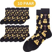 Gitaar sokken - Heren/Dames maat 38-43 - 10 paar zwarte sokken met Akoestische Gitaren - Muziek