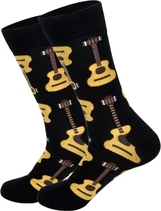 Gitaar sokken - Heren/Dames maat 38-43 - Paar zwarte Sokken met Akoestische gitaren - Muziek/Muzikant