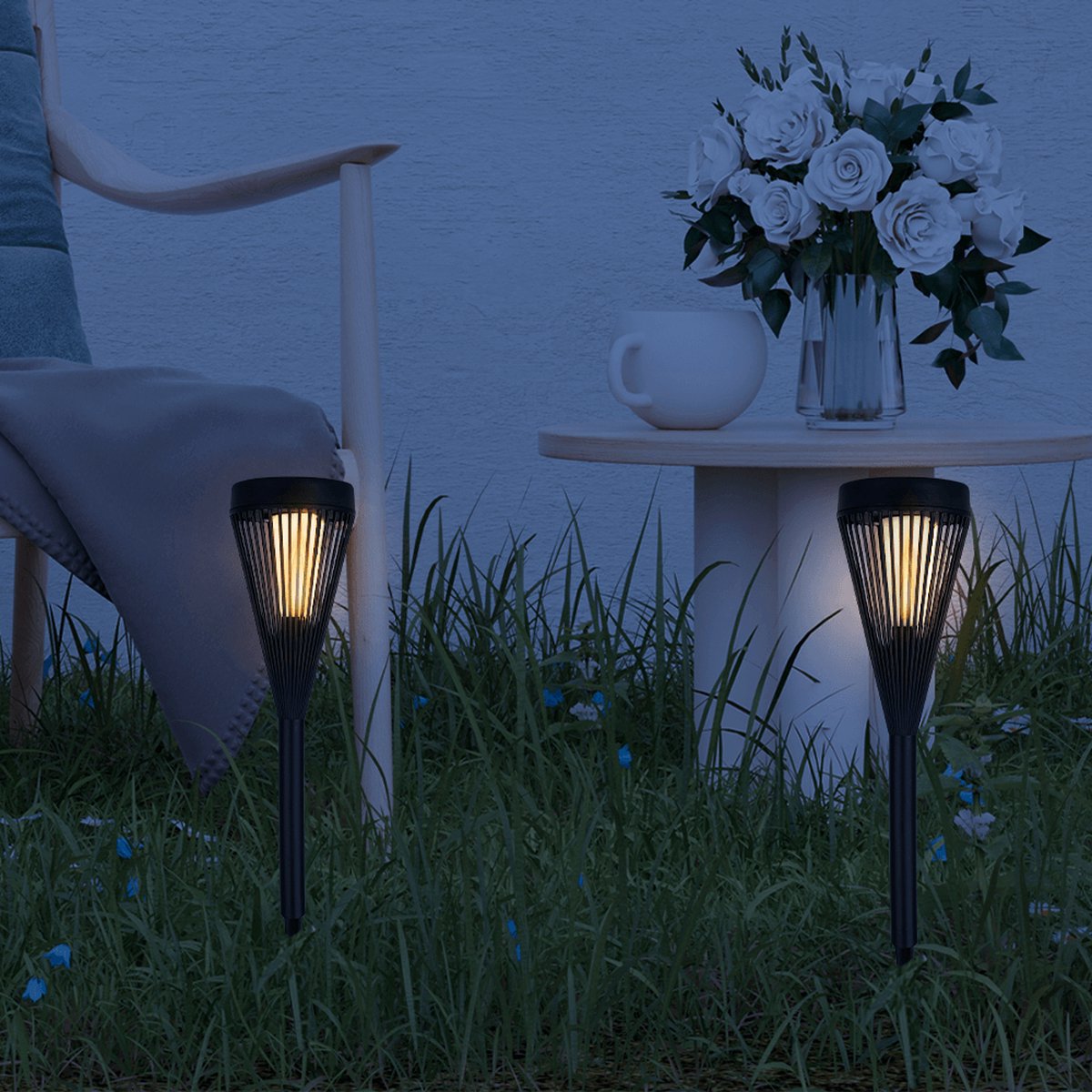 Solar tuinverlichting pad 'Elena' - Set van 4 priklampen - Warm wit licht (2700K) - 47cm hoog - 20 lumen - IP44 - Zwart - Padverlichting op zonne-energie