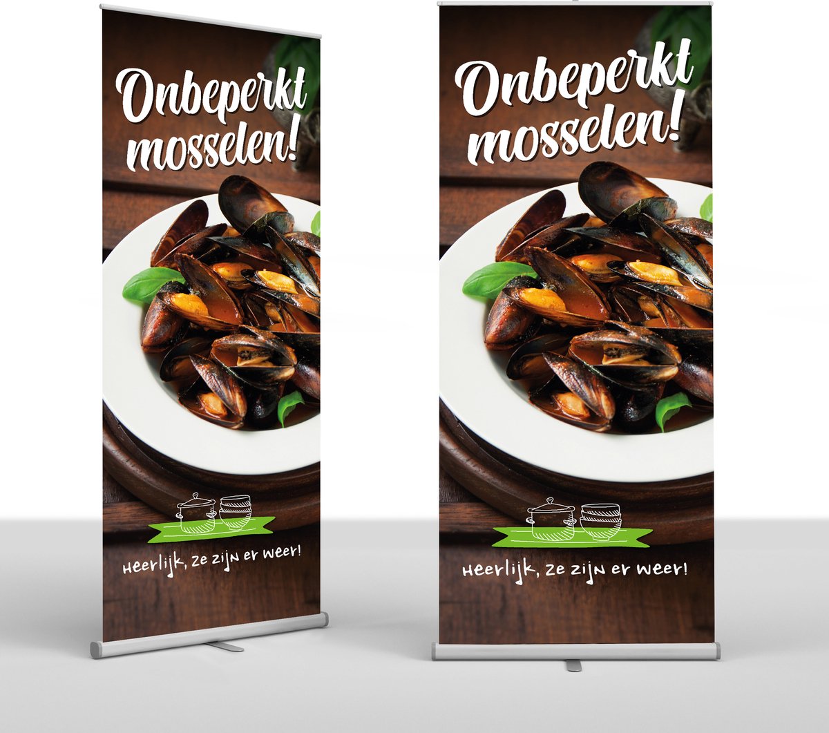 Haag banner - spandoek - reclame - promotie voor mosselen - onbeperkt mosselen eten - 85cm x 200cm + draagtas