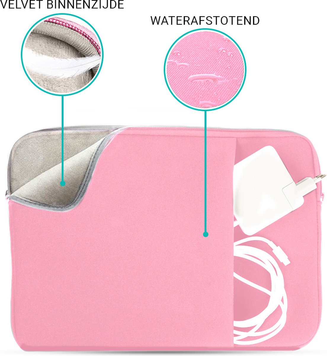 Laptophoes 14-15,6 inch roze waterafstotend lichtgewicht krasbestendig soft velvet binnenkant met rits - Afbeelding 2