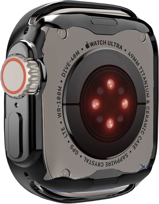 Achterkant van een Apple Watch Ultra met een zwarte beschermhoes, met rode sensoren.