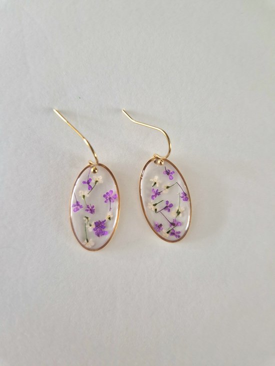 Oorhangers Purple Blossom - Paars - goud - Droogbloemen - Bloemenoorbellen - Cadeautje voor haar -