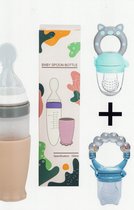 merkloos-baby knijpfles met lepel-baby/kinderbestek-100ml-BPA vrij + 2 bijtringen/fruitspenen beige