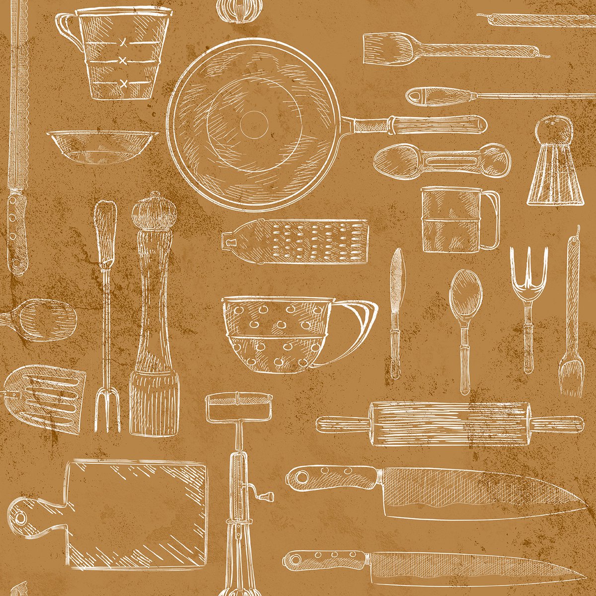 Behang – Koken en bakken - Keuken – Okergeel Wit – Krijtbord stijl – Landelijk – Café – Restaurant – Eetkamer – Industrieel – Vintage – 0,53 x 10,05 M – hashtag - 10 x 0.53 M.