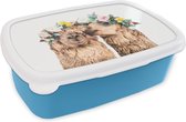 Broodtrommel Blauw - Lunchbox - Brooddoos - Alpaca - Bloemen - Dieren - Natuur - 18x12x6 cm - Kinderen - Jongen