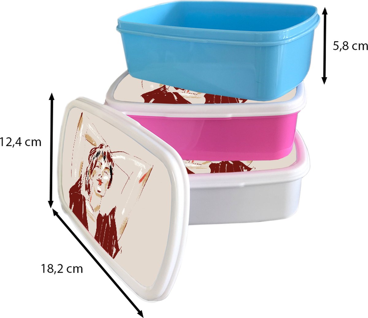 Broodtrommel Wit - Lunchbox - Brooddoos - Portret - Vrouw - Rood - Abstract - 18x12x6 cm - Volwassenen