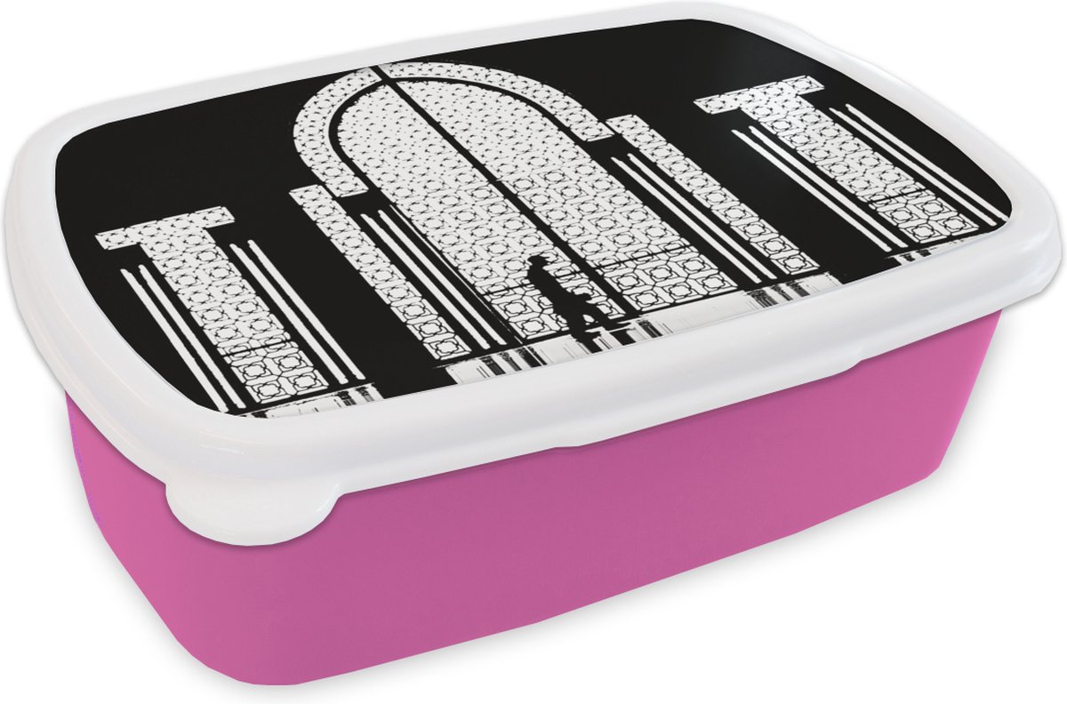 Broodtrommel Roze - Lunchbox - Brooddoos - Zwart - Wit - Raam - Man - 18x12x6 cm - Kinderen - Meisje