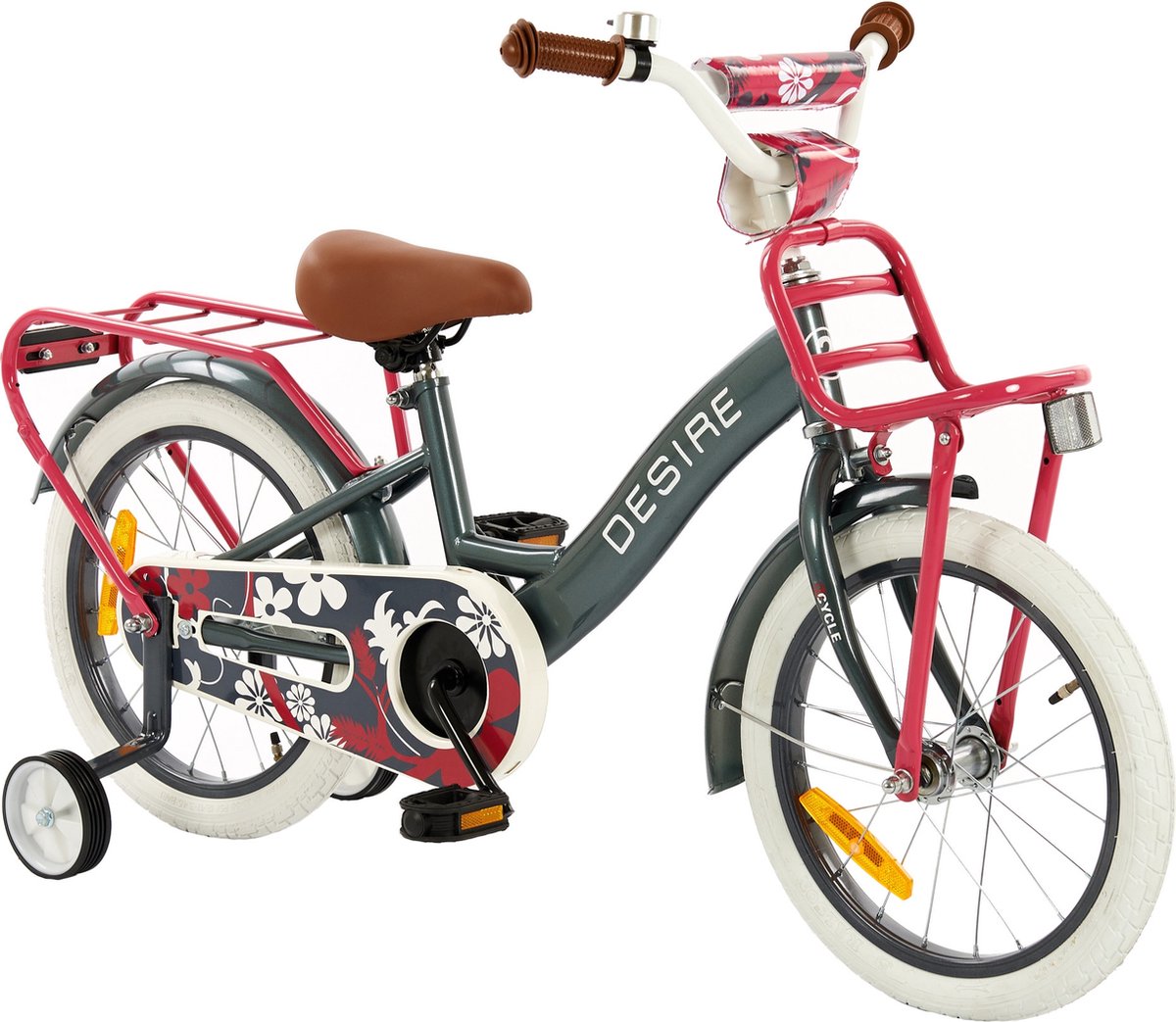 2Cycle Desire - Kinderfiets - 16 inch - Grijs-Roze - Meisjesfiets - 16 inch fiets