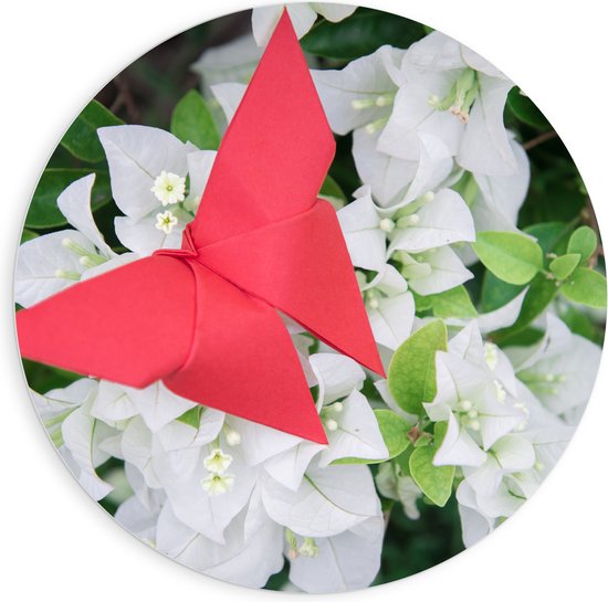 PVC Schuimplaat Muurcirkel - Rode Origami Vlinder op Witte Bloeiende Bloemen - 90x90 cm Foto op Muurcirkel (met ophangsysteem)