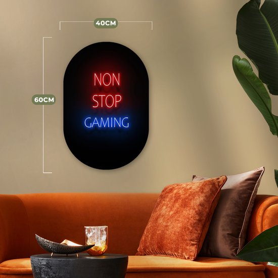 Muurovaal - Wandovaal - Kunststof Wanddecoratie - Ovalen Schilderij - Tekst - Gaming - Non stop gaming - Neon - Zwart - 40x60 cm - Ovale spiegel vorm op kunststof