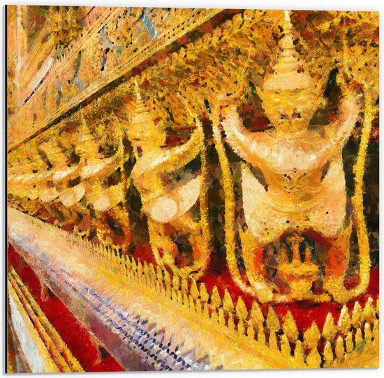 Dibond - Schilderij van Beelden in de Tempel van de Smaragdgroene Boeddha in Bangkok, Thailand - 50x50 cm Foto op Aluminium (Wanddecoratie van metaal)