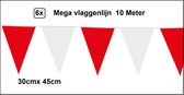 6x Mega vlaggenlijn rood/wit 30cm x 45cm 10 meter - Reuze vlaggenlijn - vlaglijn mega thema feest verjaardag optocht festival