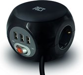 ACT Stekkerdoos cube met 3 stopcontacten, USB-A-poorten, 1,5m Zwart AC2400