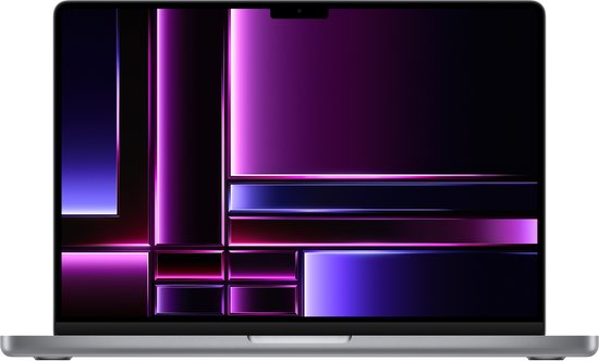 Grijze MacBook Pro met een scherm dat paarse, blauwe en rode geometrische vormen toont.