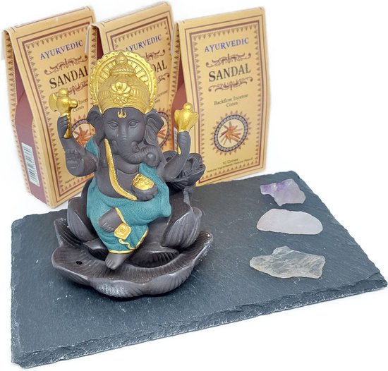 Ganesha Backflow brander met gouden driehoek edelsteentjes op een leisteen plateau - Ganesha - Gouden driehoek