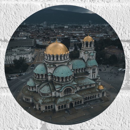 Muursticker Cirkel - Blauw met Goude Alexaner Nevski-kathedraal Midden op het Plein - 20x20 cm Foto op Muursticker