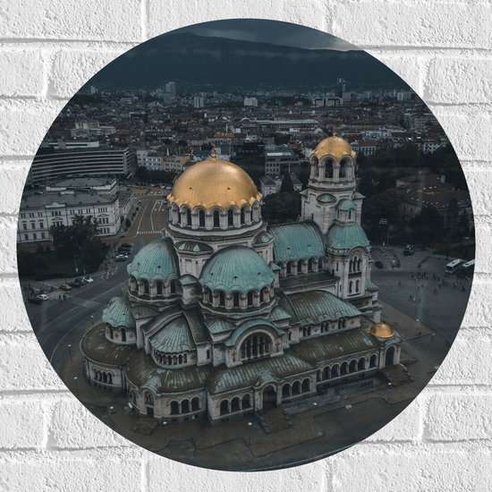 Muursticker Cirkel - Blauw met Goude Alexaner Nevski-kathedraal Midden op het Plein - 60x60 cm Foto op Muursticker