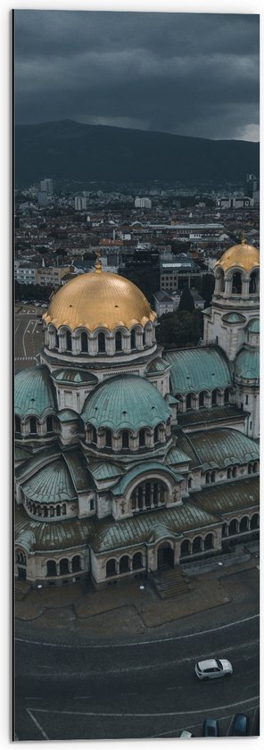 Dibond - Blauw met Goude Alexaner Nevski-kathedraal Midden op het Plein - 30x90 cm Foto op Aluminium (Met Ophangsysteem)