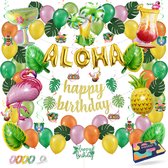 Fissaly 78 Pièces Décoration de Fête Hawaii Flamant Rose, Ananas & Feuilles de Palmier - Aloha & Tropical - Guirlandes, Ballons & Accessoires