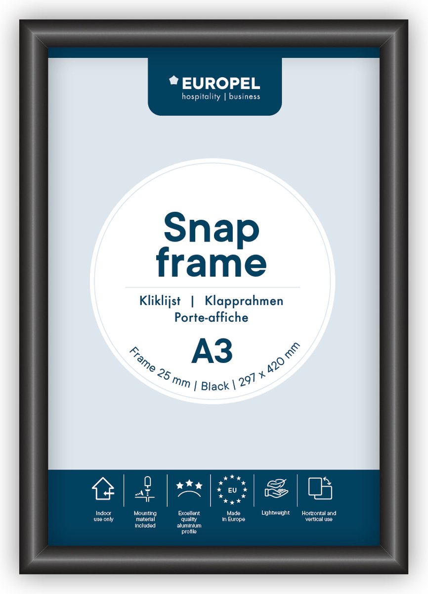 Europel Kliklijst – Posterlijst – A3 – 29,7 x 42 cm – Aluminium – 25mm – Zwart