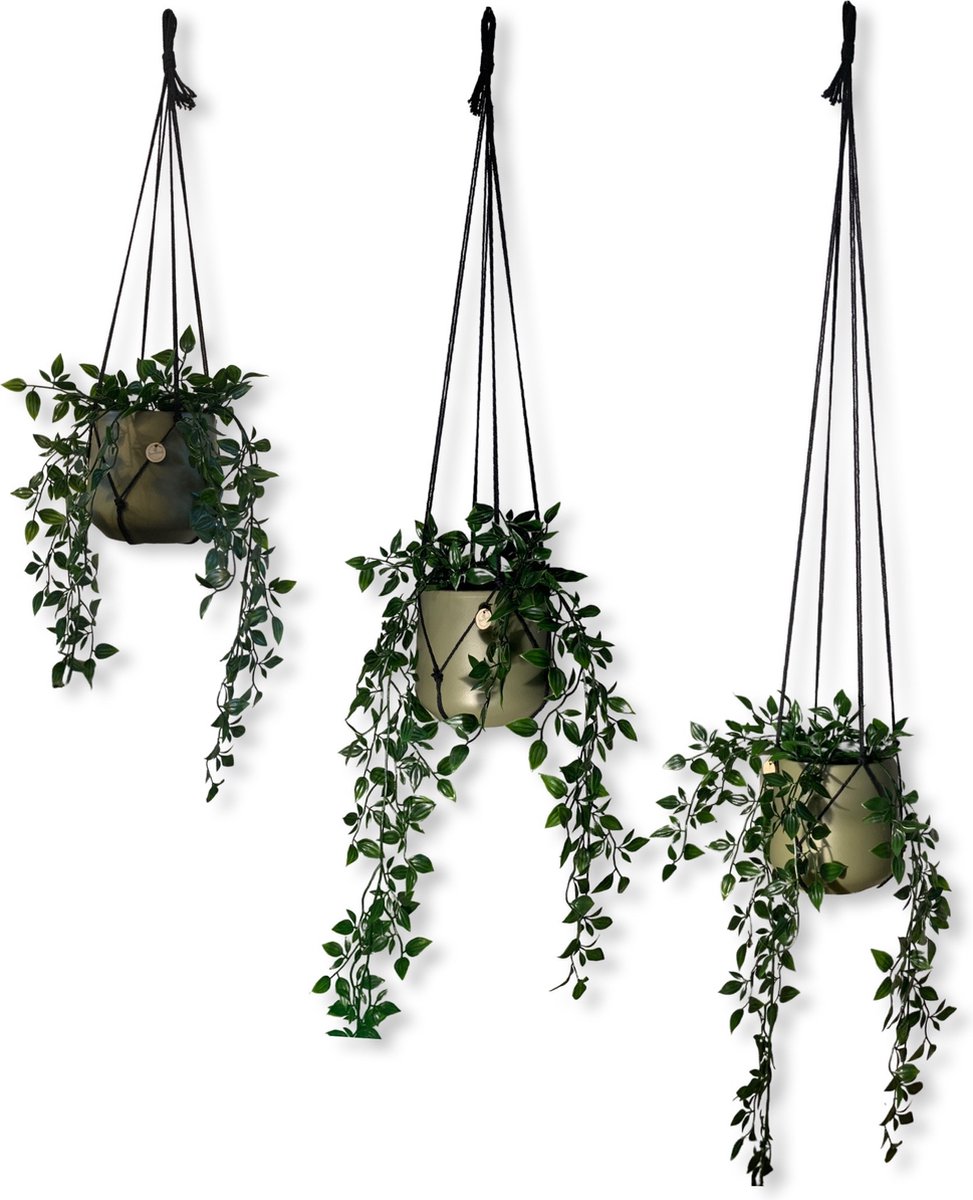 Voordeelset van 3 Plantenhangers Zonder Kwast - Zwart - 60, 80 en 100 cm - Katoenkoord - Handgemaakt in ons Macramé Atelier - 3 Stuks - Let op: Exclusief Pot - Inclusief Verzendkosten
