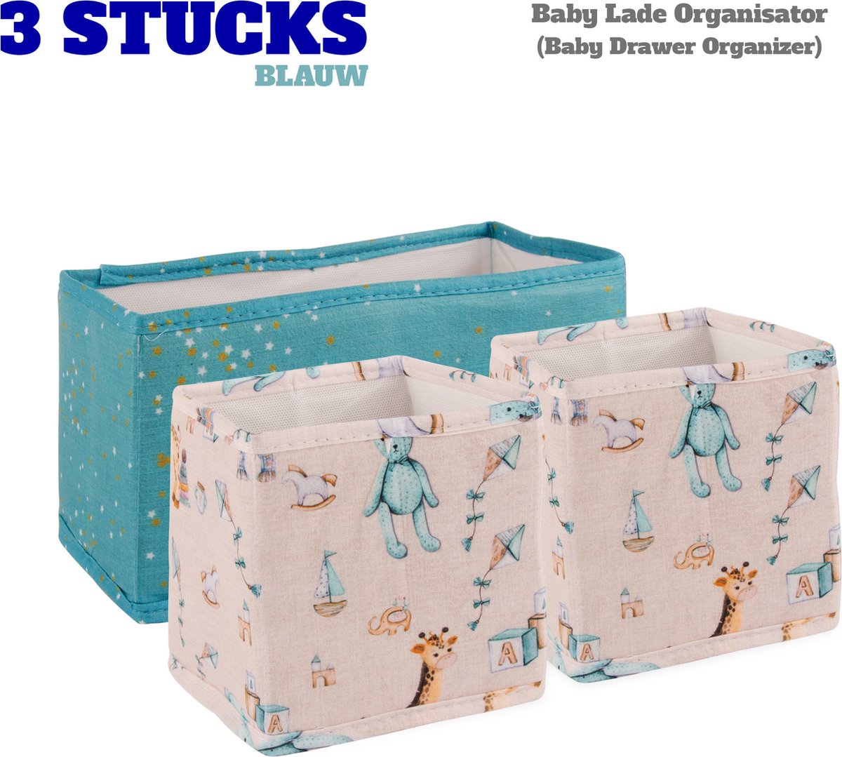 Lade Organizer - Set van 3 stuks Opbergboxen - Babykamer Organizer accessoires - Kinderkamer decoratie - speelgoeddoos Blauwe kleur
