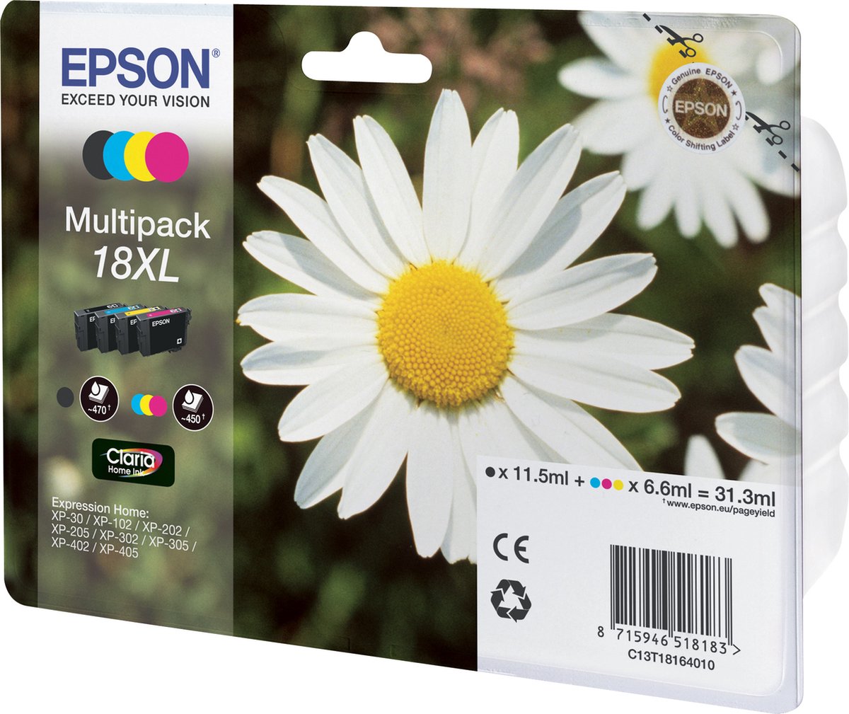 EPSON 18XL inktcartridge zwart en drie kleuren high capacity 31.3ml 1-pack RF-AM blister
