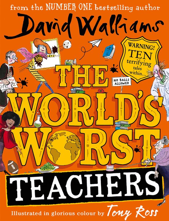 Boekcover van 'The World's Worst Teachers' door David Walliams. Een oranje cover met een stripachtige illustratie van excentrieke leraren en leerlingen. Titel in grote gele letters.