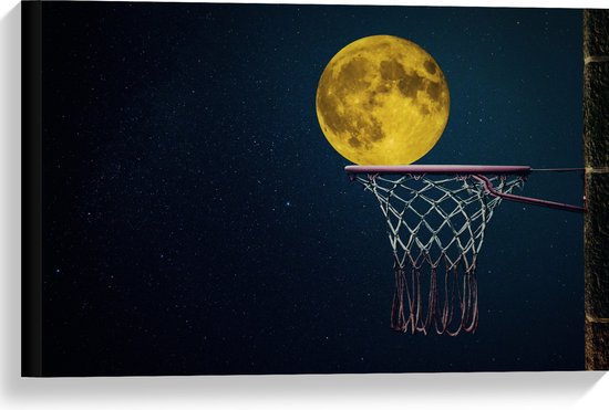 Canvas - Maan met Gele Gloed in Basketbal Net - 60x40 cm Foto op Canvas Schilderij (Wanddecoratie op Canvas)
