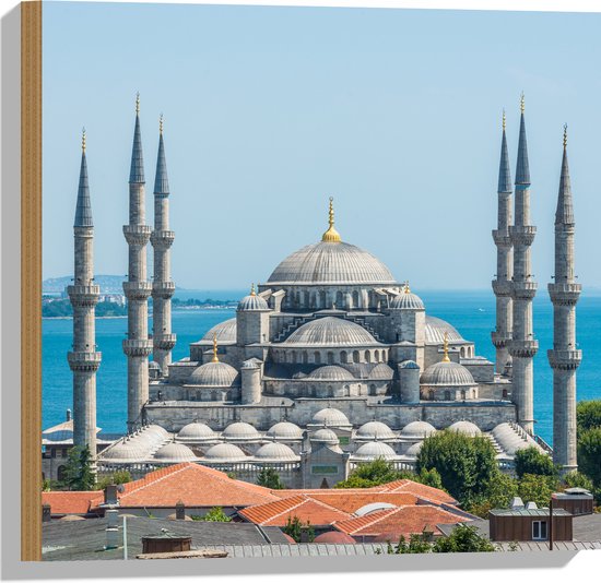 Hout - Sultan Ahmet Moskee aan de Zee van Turkije - 50x50 cm - 9 mm dik - Foto op Hout (Met Ophangsysteem)