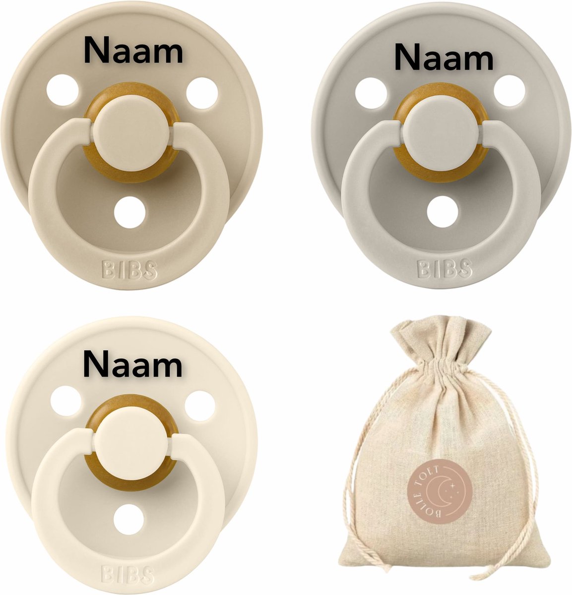 Goedkoopste BIBS fopspenen met naam - T2 - Vanilla, Ivory, Sand - 6-18 maanden - spenen - speen - fopspeen - BolleToet speenzakje