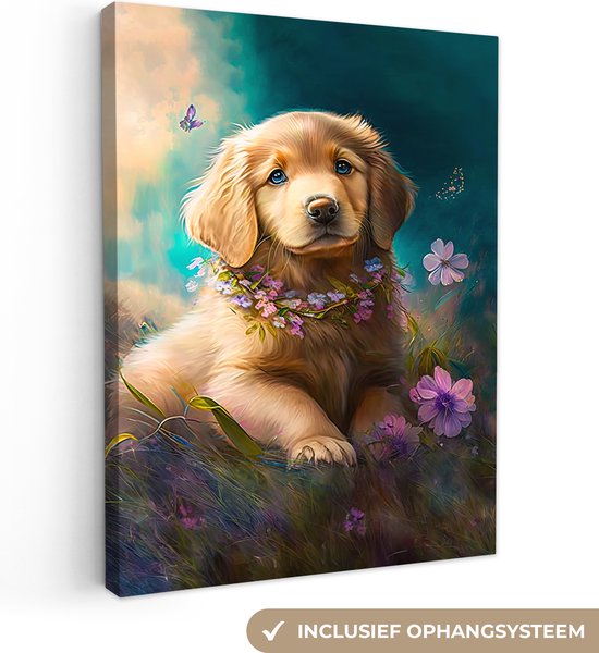 Canvas Schilderij Puppy - Bloemenkrans - Vlinder - Hond - Golden retriever - 90x120 cm - Wanddecoratie