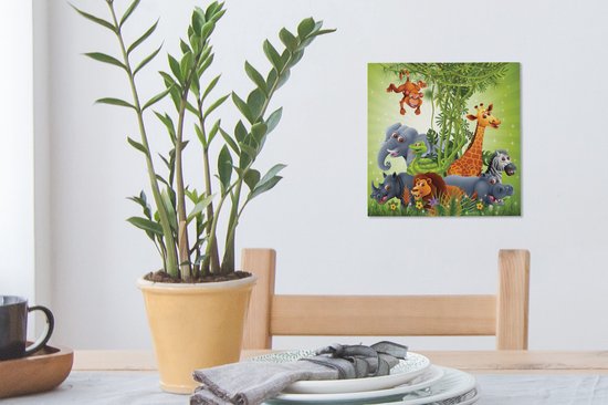 Tableau sur toile Animaux de la jungle - Plantes - Enfants - Éléphant - Girafe - Lion - 20x20 cm - Décoration murale