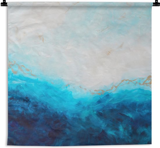 Wandkleed - Wanddoek - Verf - Zee - Blauw - Abstract - Goud - 90x90 cm - Wandtapijt