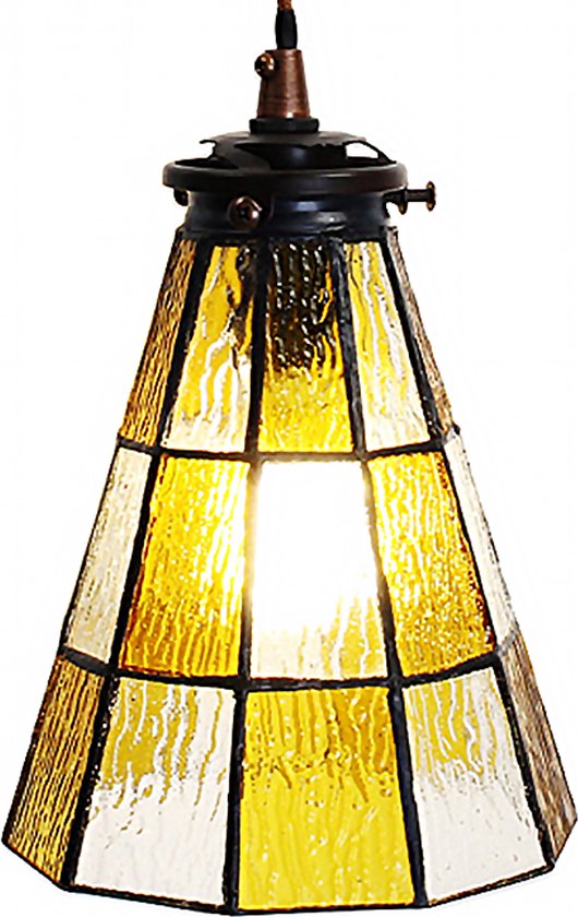 HAES DECO - Tiffany Hanglamp Ø 15x115 cm Geel Bruin Glas Metaal Hanglamp Eettafel Hanglampen Eetkamer Glas in Lood