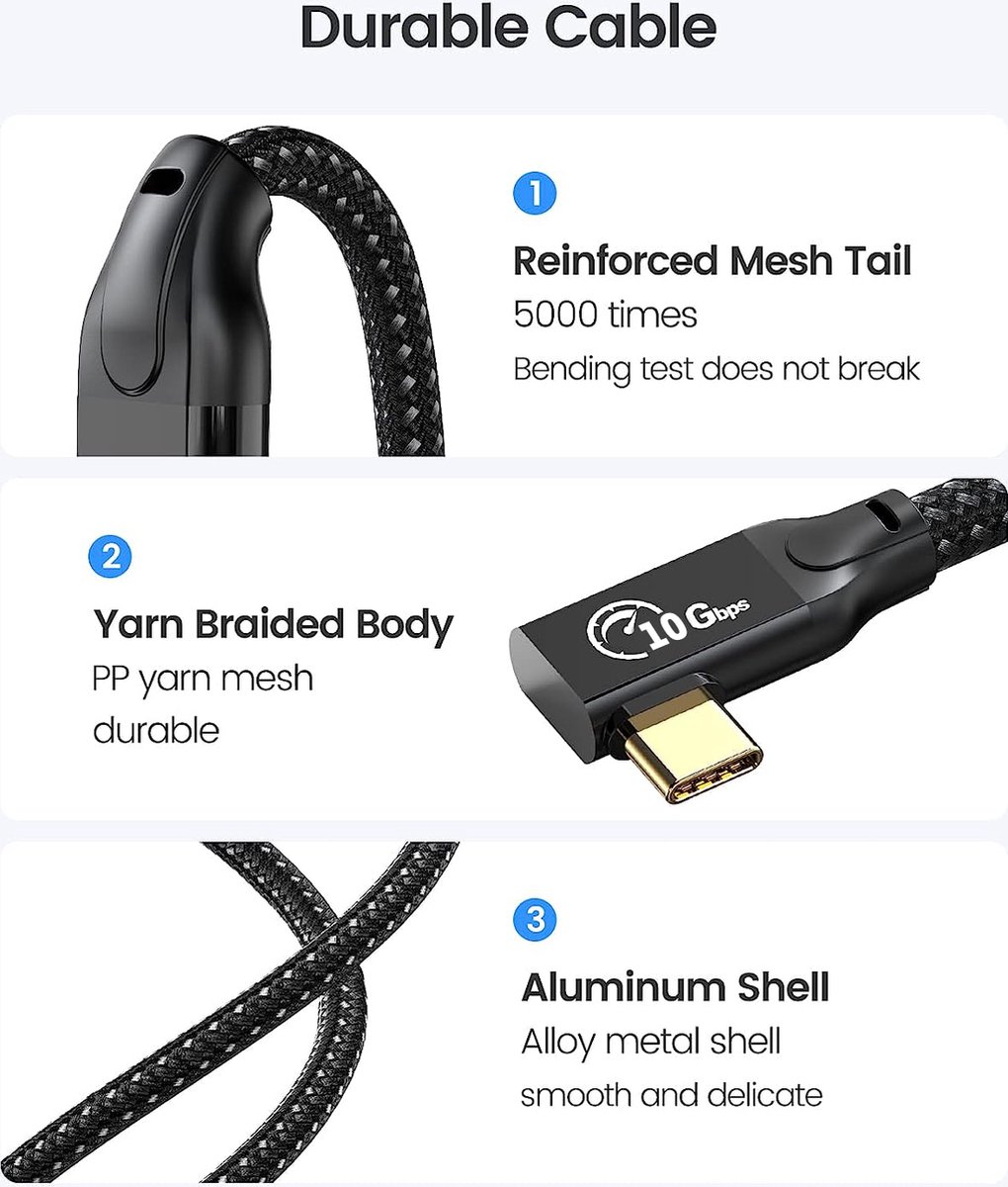 Thsucords 90 Graden haakse USB C Verlengkabel 0,1M 2 Stuks, Type C 3.2 Gen2 Mannelijk naar Vrouwelijk, 10Gbps 4K video, compatibel met MacBook, iPad Pro, Nintendo Switch, Steam Deck