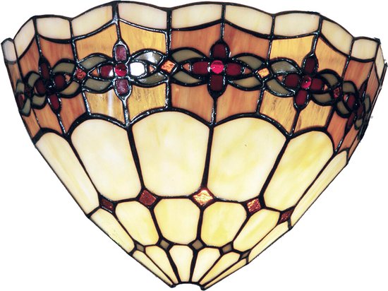 HAES DECO - Wandlamp Tiffany 30x14x20 cm Beige Bruin Glas Driehoek Roos Muurlamp Sfeerlamp Glas in Lood