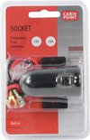 Verpakking met 'Carpoint' logo, stekkerdoos met rode en zwarte draden en metalen aansluitingen. Tekst: "SOCKET Contactdoos Prise Steckdose 12V 15A Built-in".