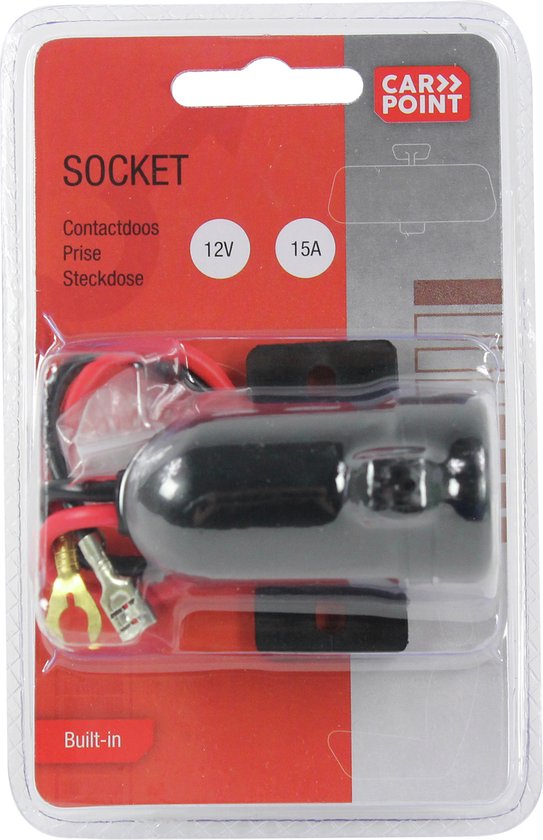 Verpakking met 'Carpoint' logo, stekkerdoos met rode en zwarte draden en metalen aansluitingen. Tekst: "SOCKET Contactdoos Prise Steckdose 12V 15A Built-in".