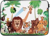 Laptophoes 13 inch - Wilde dieren - Jungle - Leeuw - Tijger - Meisjes - Kids - Jongens - Laptop sleeve - Binnenmaat 32x22,5 cm - Zwarte achterkant